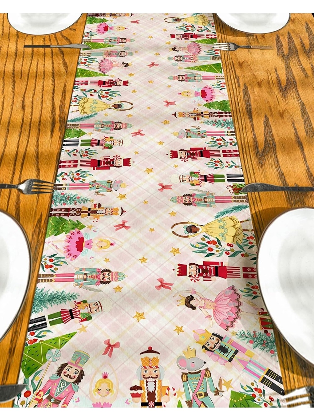 Festive Nutcracker & Ballerina Table Runner - Pink Holiday Dining Accent